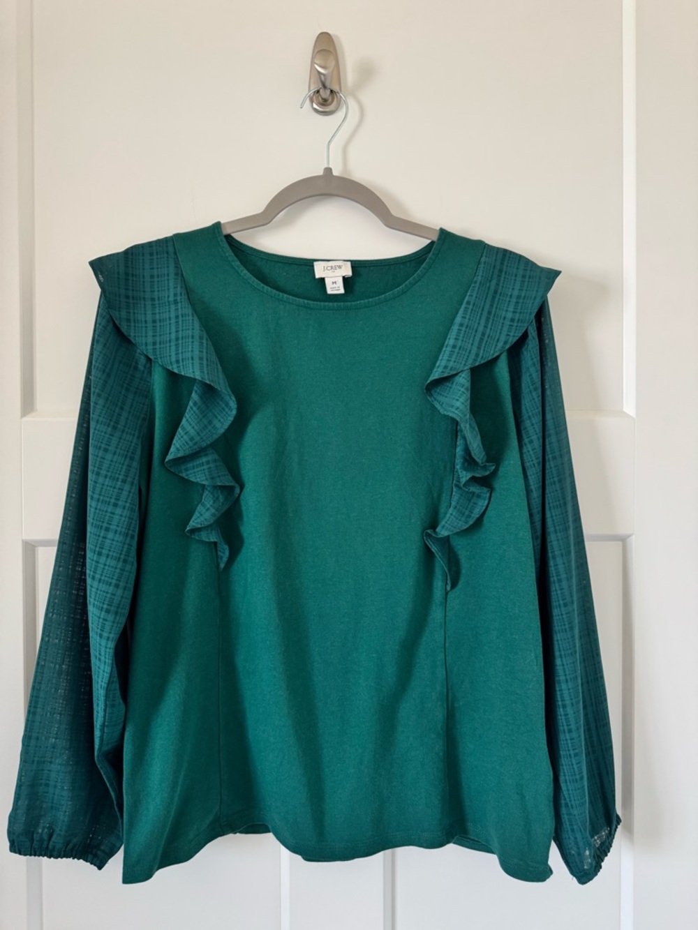 J. Crew Factory Green Ruffle Sheer Plaid Jacquard Long Sleeve Blouse Size M
